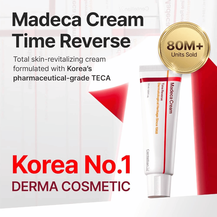 Centellian24 Madeca Cream Time Reverse przedstawiany jako wiodący krem derma w Korei z TECA, ponad 80 milionów sprzedanych jednostek i skoncentrowany na odnowie skóry i wzmocnieniu bariery.
