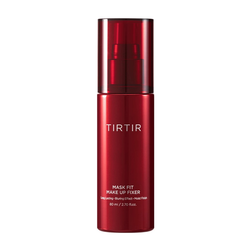 Czerwona butelka TIRTIR Mask Fit Make Up Fixer na białym tle, zaprojektowana do długotrwałego utrwalenia makijażu z efektem rozmycia i wilgotnym wykończeniem.