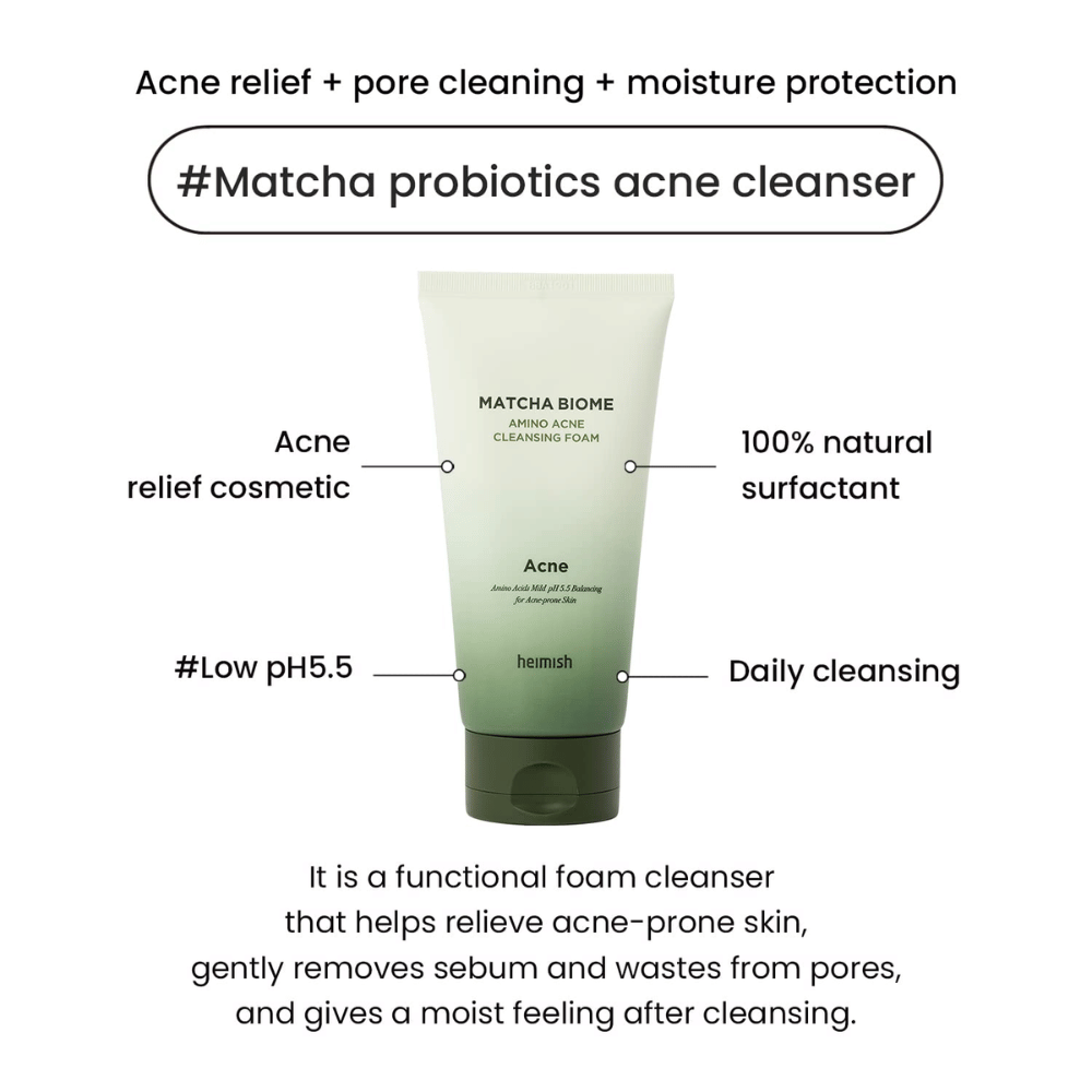 Heimish Matcha Biome Amino Acne Cleansing Foam low pH 5.5 – oczyszczanie trądziku, które oczyszcza pory, redukuje sebum i nawilża skórę
