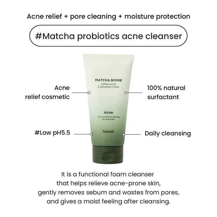 Heimish Matcha Biome Amino Acne Cleansing Foam low pH 5.5 – oczyszczanie trądziku, które oczyszcza pory, redukuje sebum i nawilża skórę