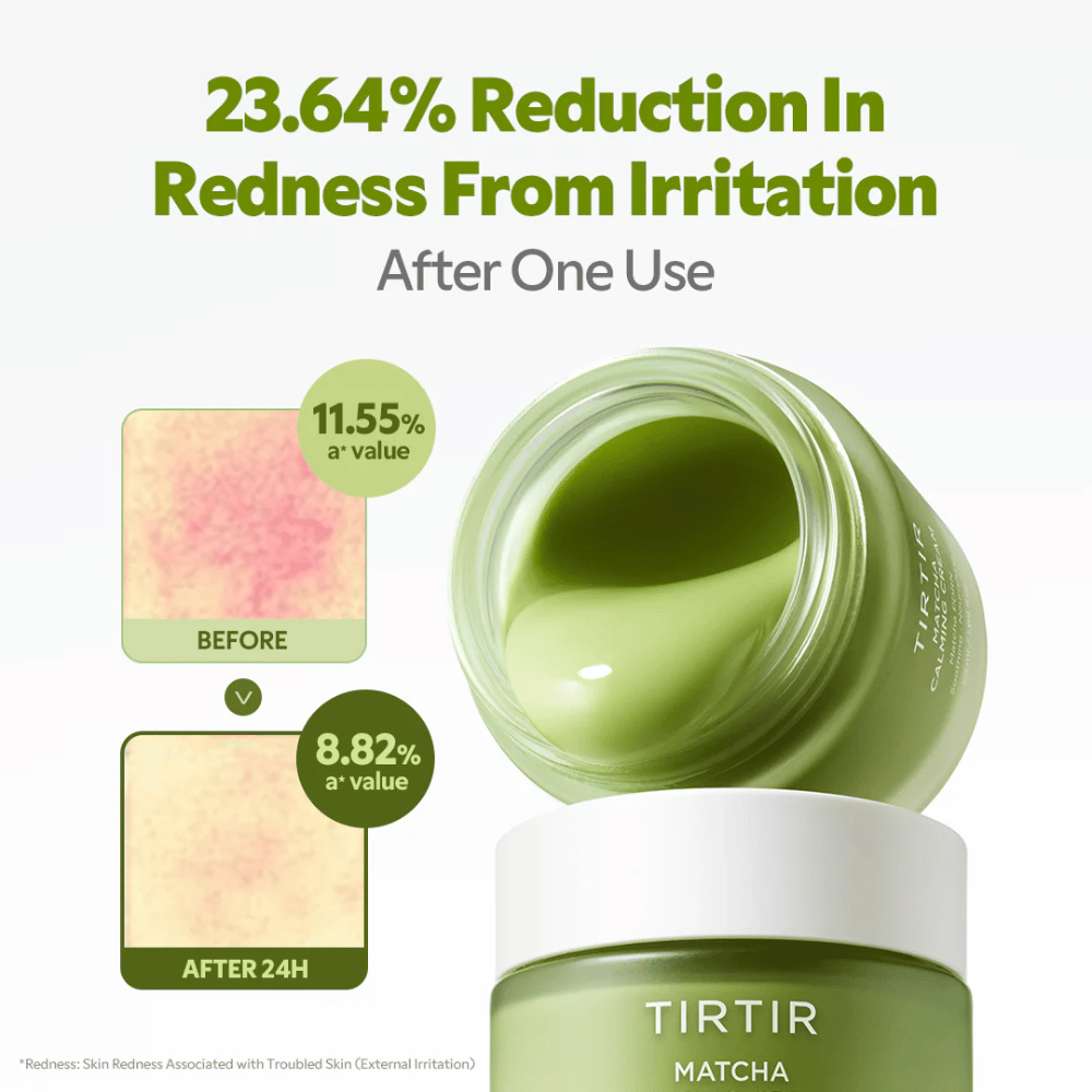 TIRTIR Matcha Calming Cream z ceramidami, pantenolem i peptydami, które nawilżają, wzmacniają barierę skórną i poprawiają elastyczność skóry.