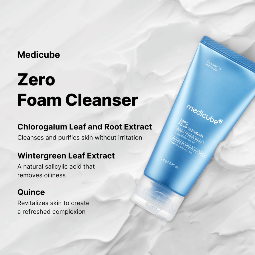 Medicube Zero Foam Cleanser – delikatne i głęboko oczyszczające mycie twarzy.

🌿 Ekstrakt z Chlorogalum – Oczyszcza i odświeża skórę bez podrażnień.
🍃 Ekstrakt z Wintergreen – Naturalny kwas salicylowy, który równoważy produkcję oleju.
🍏 Ekstrakt z pigwy – Ożywia skórę i nadaje jej świeży blask.

Idealny dla czystej, zrównoważonej i odświeżonej skóry!