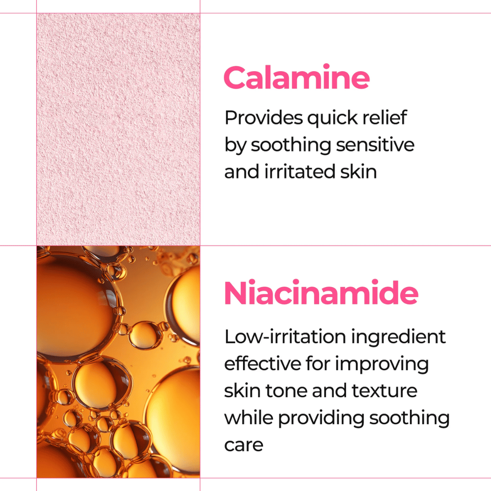 Zbliżenie na kalaminę i niacynamid, które łagodzą wrażliwą skórę w Dr. Melaxin Melting Cleanser