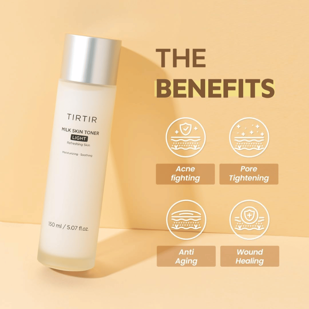 Zdjęcie produktu "TIRTIR Milk Skin Toner Light" na żółtym tle z tekstem "THE BENEFITS". Butelka jest przedstawiona z ikonami podkreślającymi jej właściwości: zwalcza trądzik, zwęża pory, przeciwdziała starzeniu się i leczy rany.