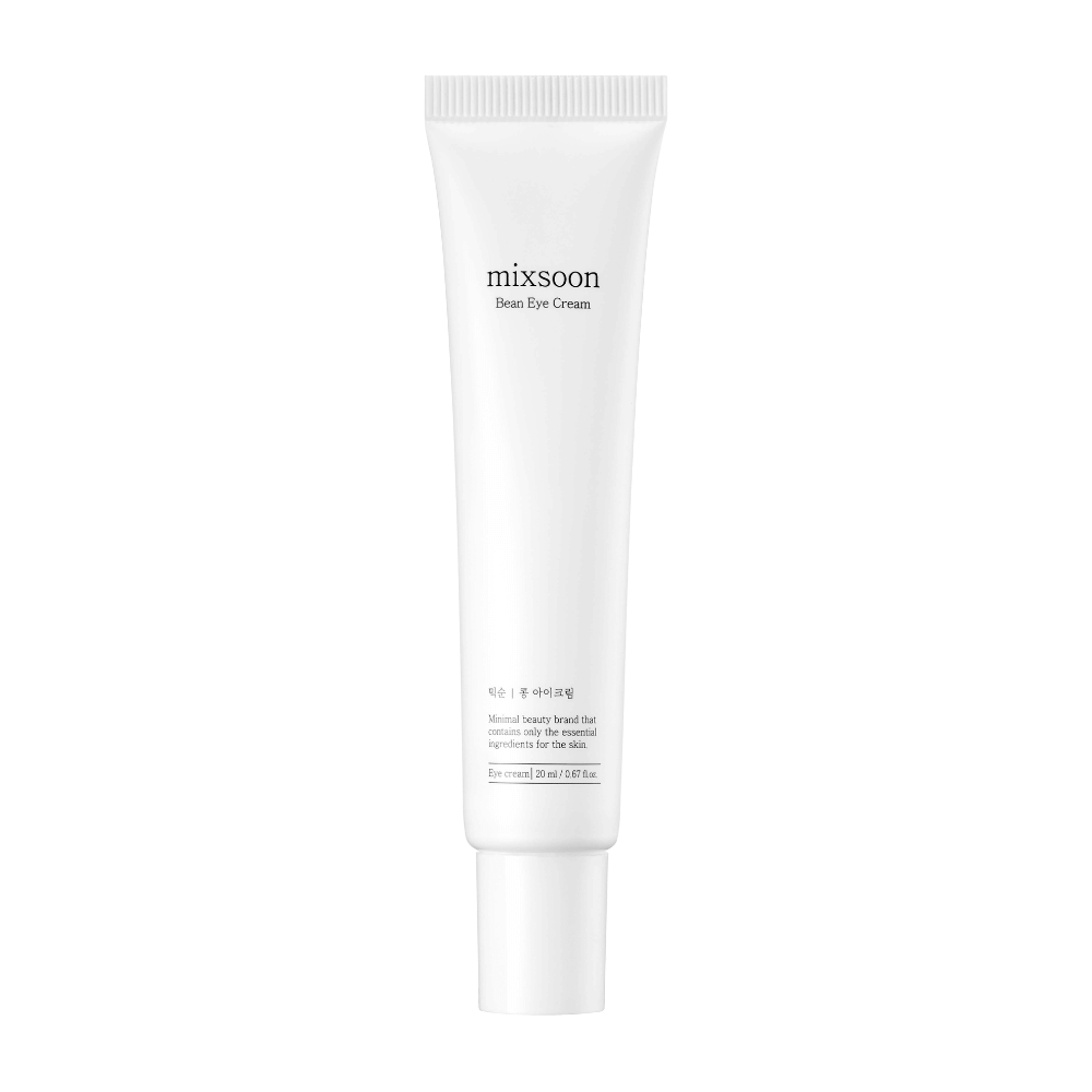 Biała tubka kremu pod oczy od Mixsoon, oznaczona 'Bean Eye Cream', na całkowicie białym tle.