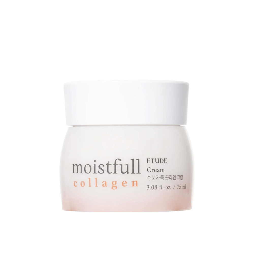 Słoik z "Moistfull Collagen Cream" z ETUDE, białe tło.