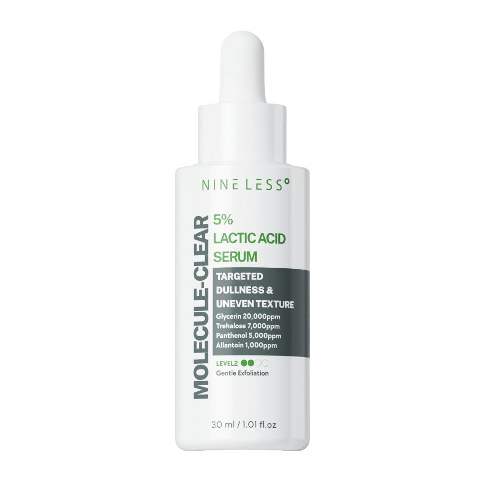 Nine Less Molecule-Clear 5% Lactic Acid Serum w białej butelce z pipetą, zaprojektowanej do wyrównywania nierównej tekstury skóry i delikatnego złuszczania. Pojemność 30 ml.