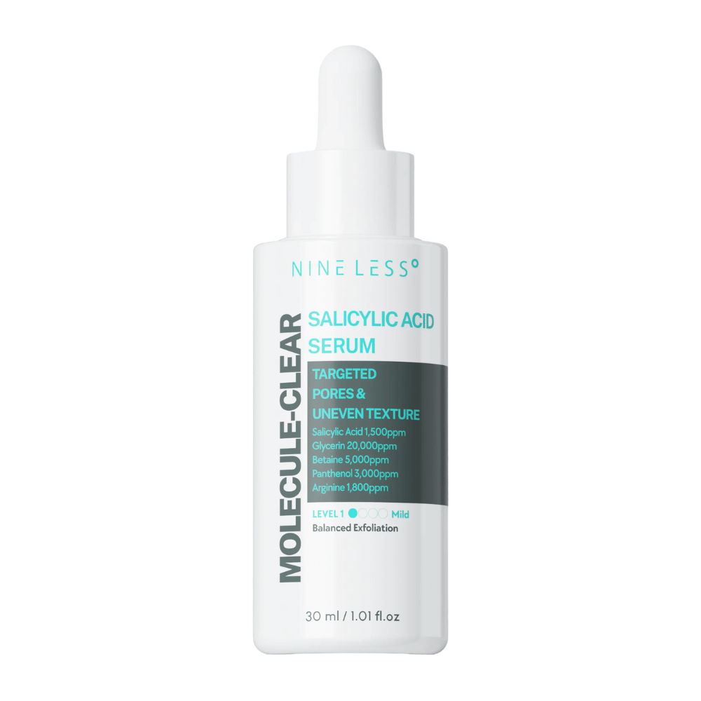 Nineless Molecule-Clear Salicylic Acid Serum 30 ml – złuszczające serum z BHA, gliceryną, betainą i pantenolem, aby zmniejszyć pory, wyrównać strukturę skóry i zapewnić nawilżenie.