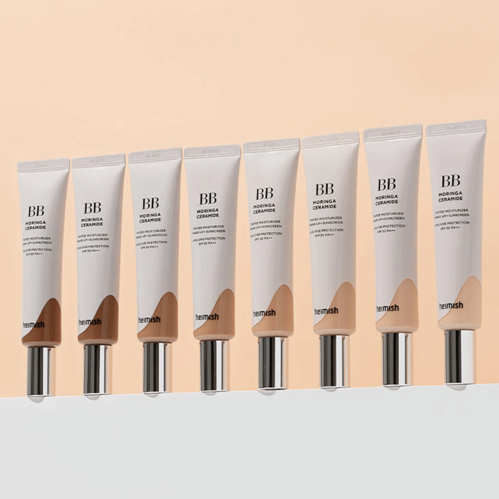 Rząd Heimish Moringa Ceramide BB Cream w kilku odcieniach kolorystycznych. Obraz ilustruje przejście od jaśniejszych do ciemniejszych tonik do twarzy, aby dopasować się do różnych odcieni skóry i potrzeb.