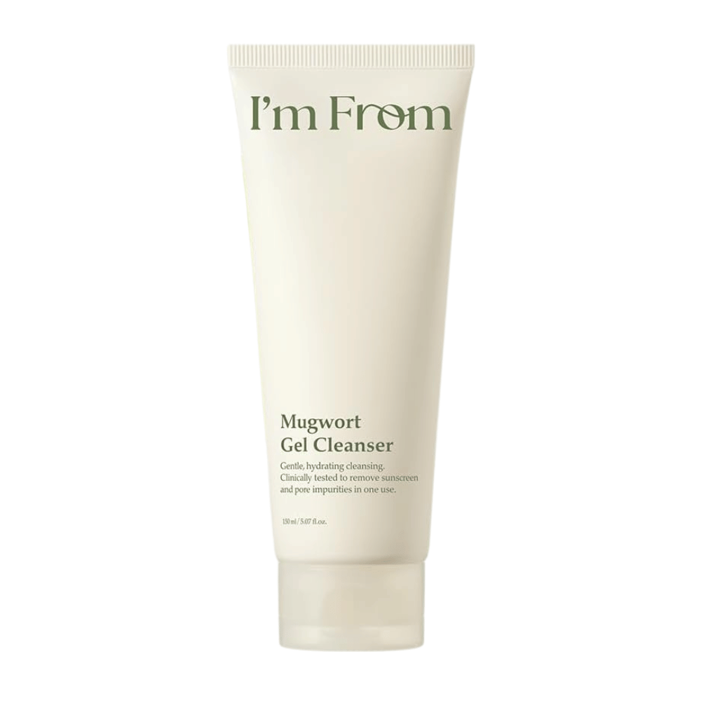 I'm From Mugwort Gel Cleanser 150 ml, łagodny i nawilżający środek do oczyszczania twarzy z bylicą w jasnobeżowej tubie na białym tle.