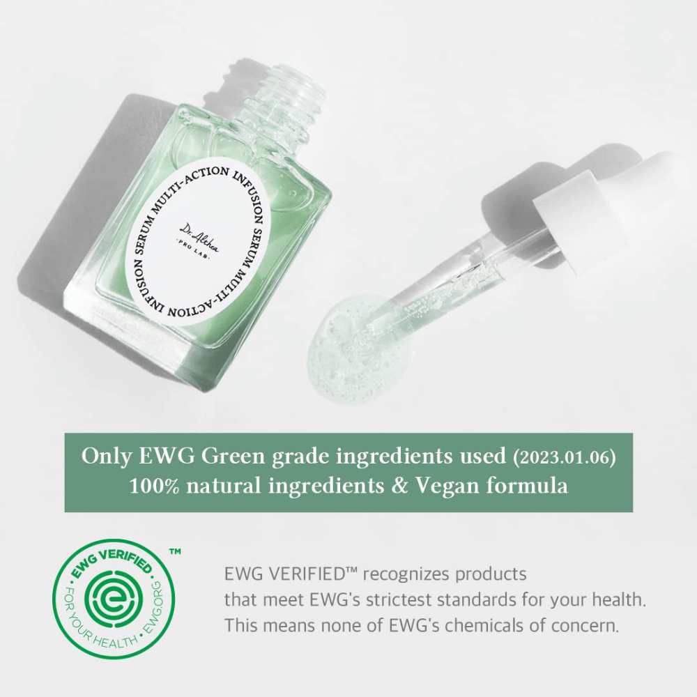 Dr. Althea Multi Action Infusion Serum z wegańską formułą i składnikami certyfikowanymi przez EWG, delikatne dla wrażliwej skóry i bez szkodliwych substancji.