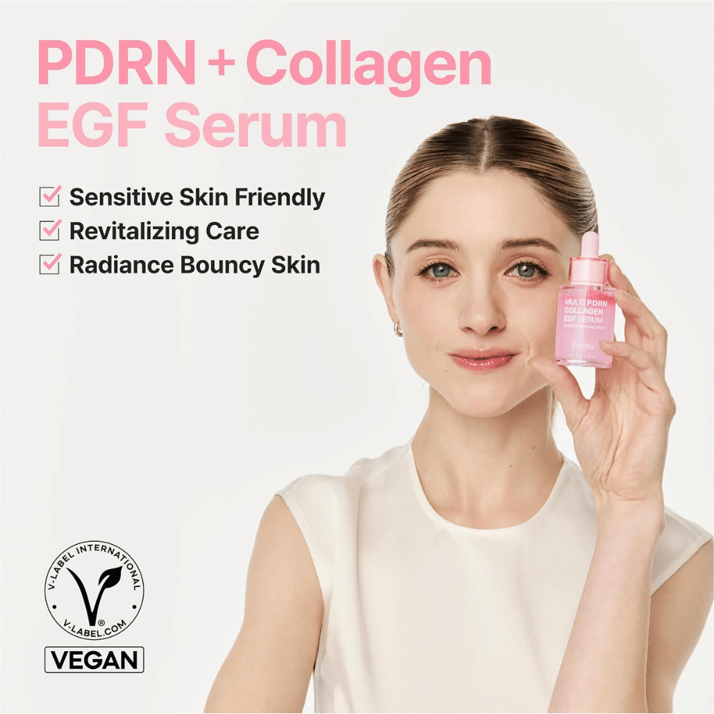 Purito Multi PDRN Collagen EGF Serum – wegańskie serum do skóry wrażliwej, zapewniające blask i jędrność.