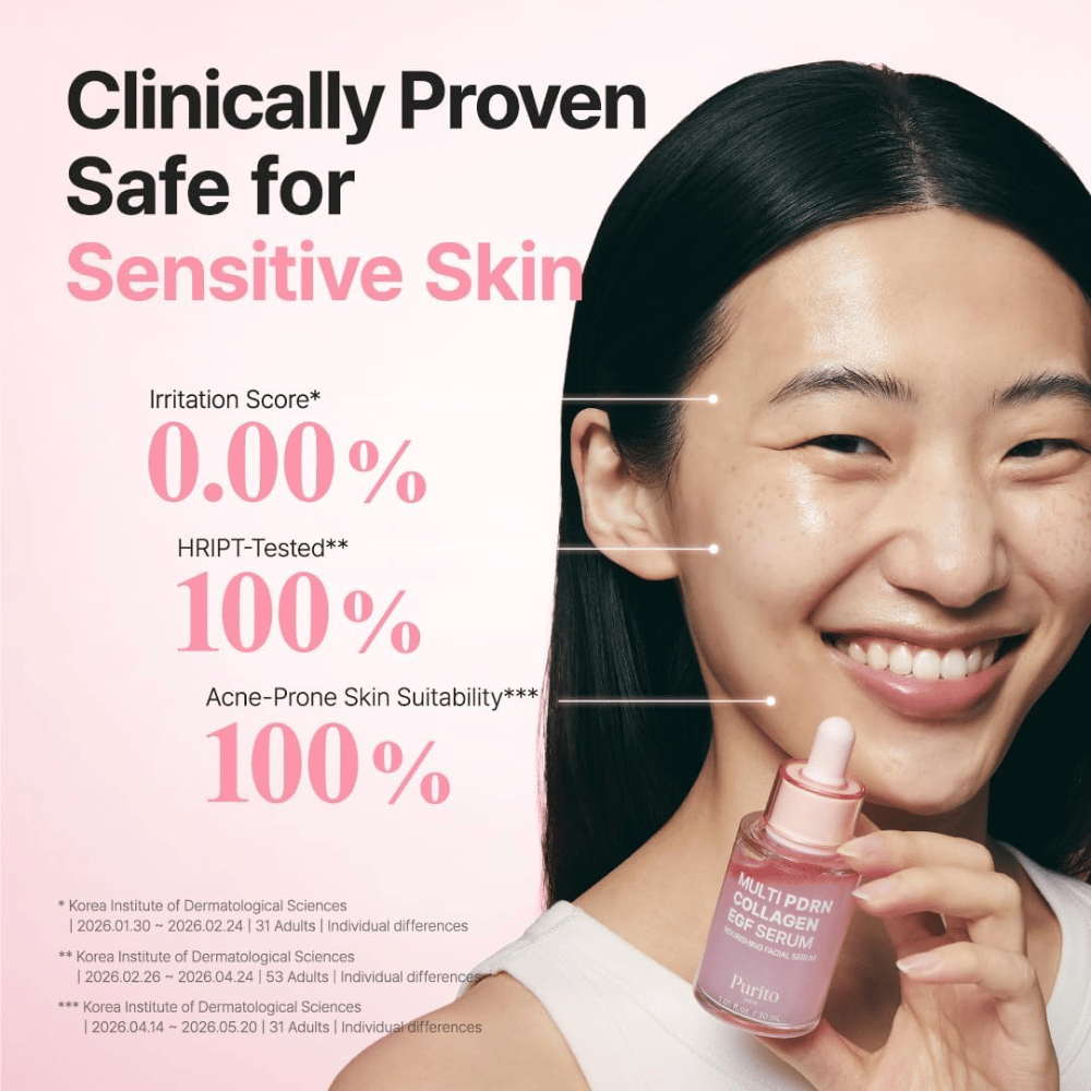 Purito Multi PDRN Collagen EGF Serum – klinicznie testowane serum odpowiednie do skóry wrażliwej i trądzikowej.