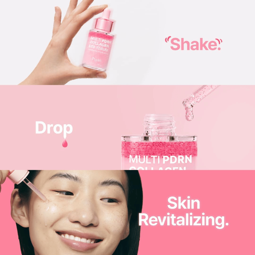 Purito Multi PDRN Collagen EGF Serum – aplikacja różowego serum dla nawilżonej i zrewitalizowanej skóry.