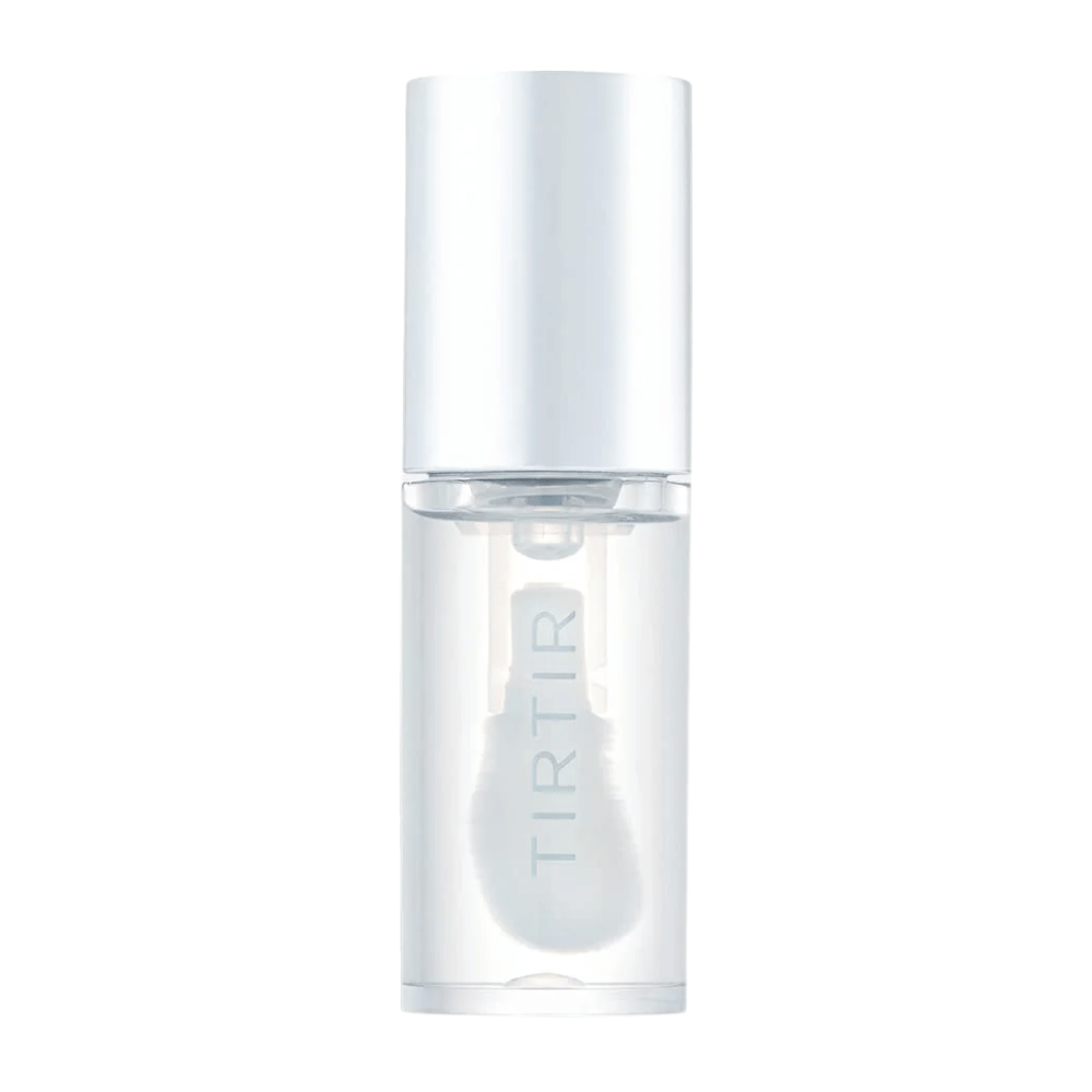 TIRTIR My Glow Lip Oil w przezroczystej butelce z białą nakrętką i minimalistycznym designem, wyodrębniony na białym tle.
