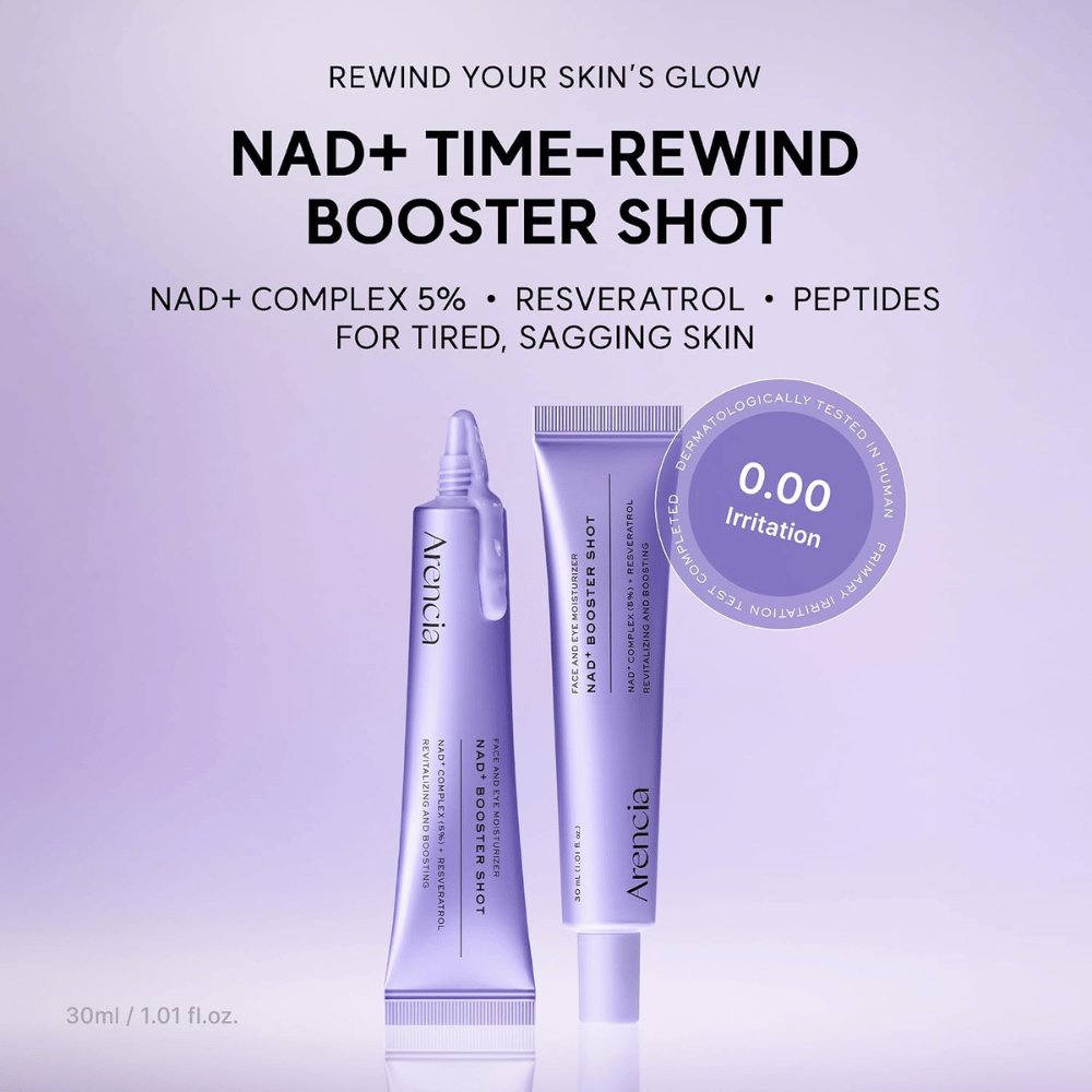 Arencia NAD+ Booster Shot z 5% kompleksem NAD+, resweratrolem i peptydami – dermatologicznie testowany krem do twarzy dla zmęczonej i dojrzałej skóry.