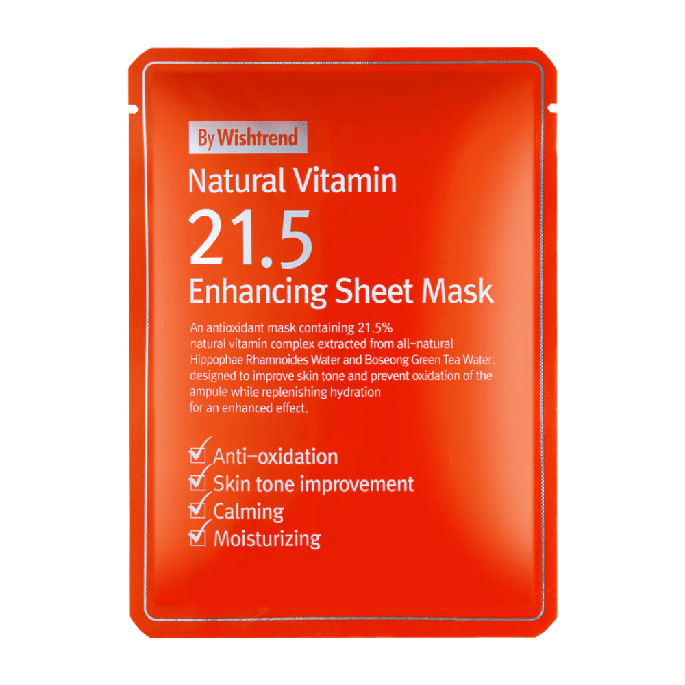 By Wishtrend Natural Vitamin 21.5% Enhancing Maseczka w płachcie w czerwonym opakowaniu z białym tekstem, który podkreśla jego właściwości antyoksydacyjne i nawilżające.