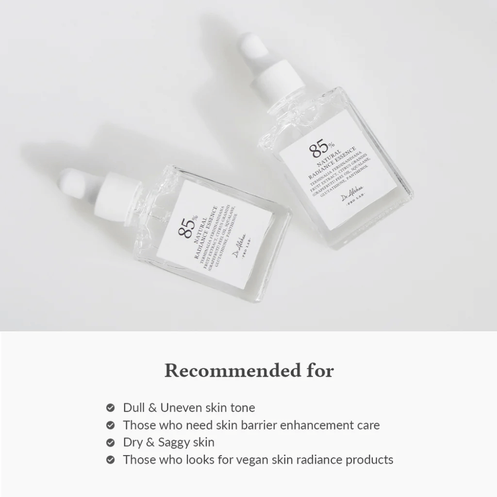 Dr. Althea Natural Radiance Essence z 85% ekstraktem z Kakadu Plum, odpowiedni dla zmęczonej skóry, nierównomiernego kolorytu skóry i suchej skóry, która potrzebuje wzmocnienia bariery skórnej.