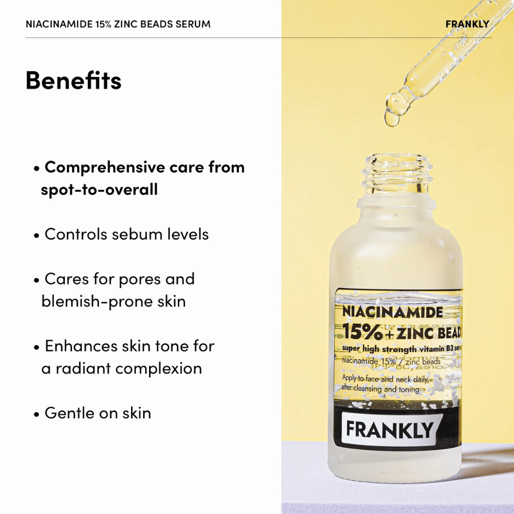 Butelka z FRANKLY Niacinamide 15% + Zinc Beads Serum na żółtym tle. Tekst wymienia Zalety: balansuje sebum, zmniejsza pory i wyrównuje koloryt skóry.