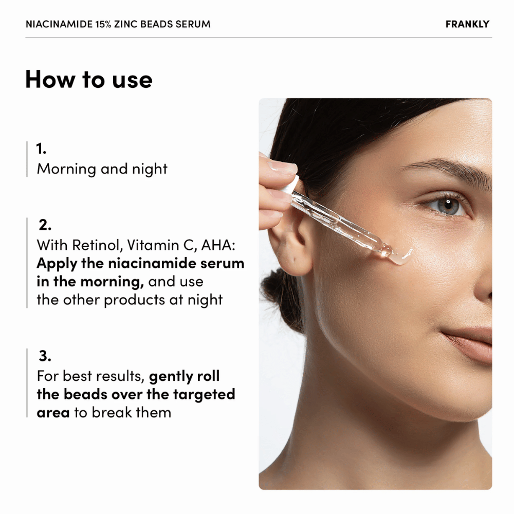 Kobieta aplikuje FRANKLY Niacinamide 15% + Zinc Beads Serum pipetą na policzek. Tekst wyjaśnia stosowanie rano i wieczorem oraz delikatne masowanie perełek.