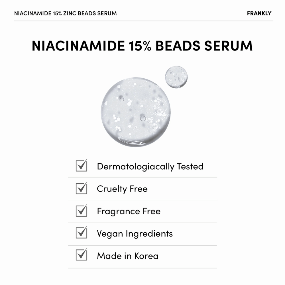 Przezroczysty żel z białymi perełkami w FRANKLY Niacinamide 15% + Zinc Beads Serum. Tekst pokazuje, że produkt jest wegański, bez perfum i testowany dermatologicznie.