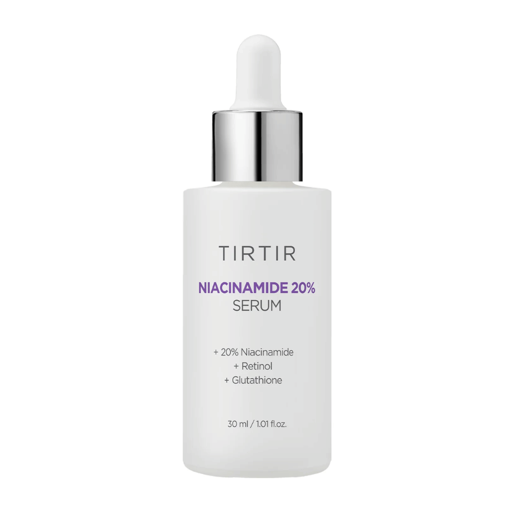 Butelka Tirtirs "Niacinamide 20% Serum" stoi na białym tle. Serum zawiera 20% niacynamidu, retinolu i glutationu, a jego celem jest poprawa struktury skóry i nadanie jej bardziej promiennego wyglądu. Zawartość butelki to 30 ml.