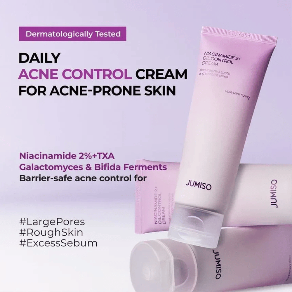 Grafika marketingowa JUMISO Niacinamide 2+ Oil Control Cream skupiająca się na codziennej pielęgnacji skóry trądzikowej. Tekst opisuje składniki takie jak niacynamid, kwas traneksamowy, galactomyces i ferment bifida, które pomagają kontrolować sebum i wzmacniać barierę skórną.