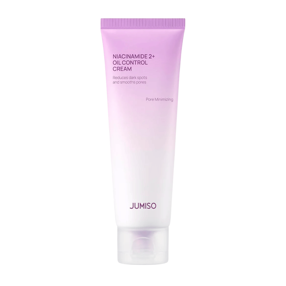Zdjęcie produktu JUMISO Niacinamide 2+ Oil Control Cream na jasnym tle. Różowo-biała tubka podkreśla ukierunkowanie produktu na kontrolę sebum, zmniejszenie widoczności porów i poprawę kolorytu skóry tłustej oraz mieszanej.