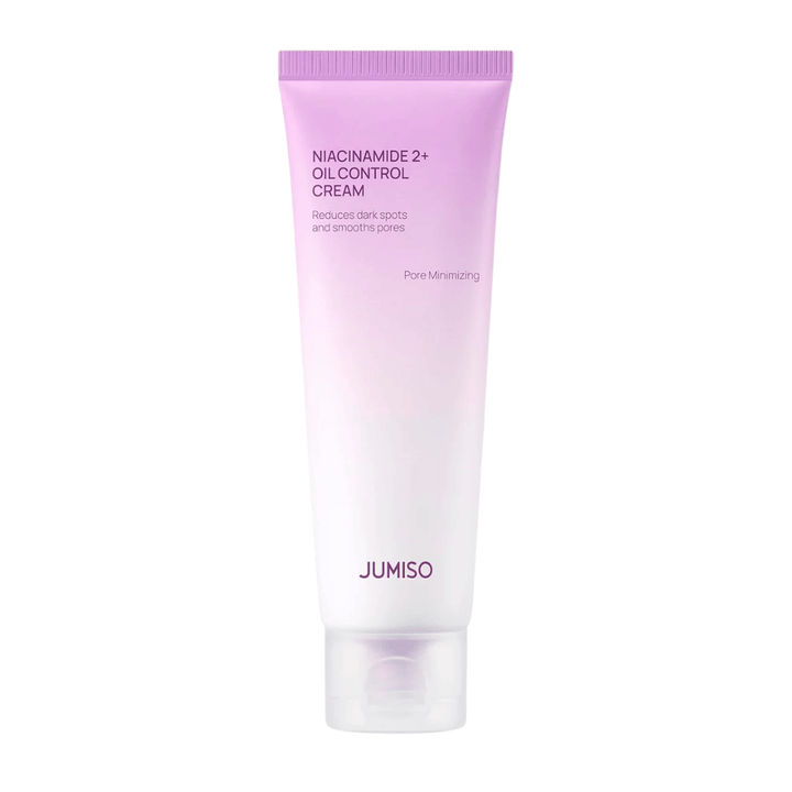 Zdjęcie produktu JUMISO Niacinamide 2+ Oil Control Cream na jasnym tle. Różowo-biała tubka podkreśla ukierunkowanie produktu na kontrolę sebum, zmniejszenie widoczności porów i poprawę kolorytu skóry tłustej oraz mieszanej.
