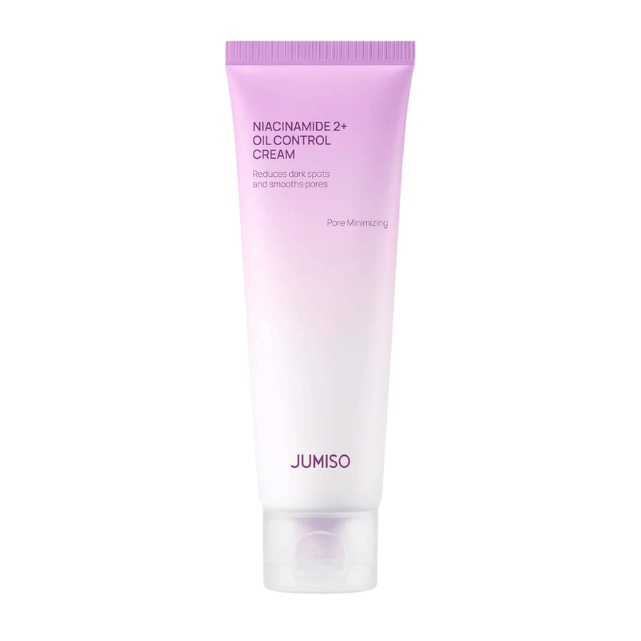 Zdjęcie produktu JUMISO Niacinamide 2+ Oil Control Cream na jasnym tle. Różowo-biała tubka podkreśla ukierunkowanie produktu na kontrolę sebum, zmniejszenie widoczności porów i poprawę kolorytu skóry tłustej oraz mieszanej.