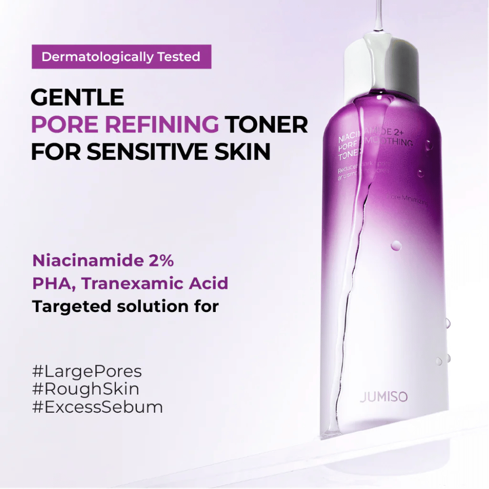 Grafika marketingowa toniku z tekstem informującym, że produkt został przetestowany dermatologicznie i jest dostosowany do skóry wrażliwej. Nacisk położono na zwężanie porów, kontrolę sebum i złuszczanie dzięki niacynamidowi, PHA i kwasowi traneksamowemu.
