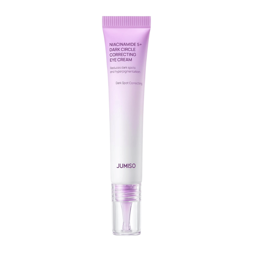5. Jumiso Niacinamide 5+ Dark Circle Correcting Eye Cream – fioletowa i biała tubka z przezroczystym aplikatorem na białym tle