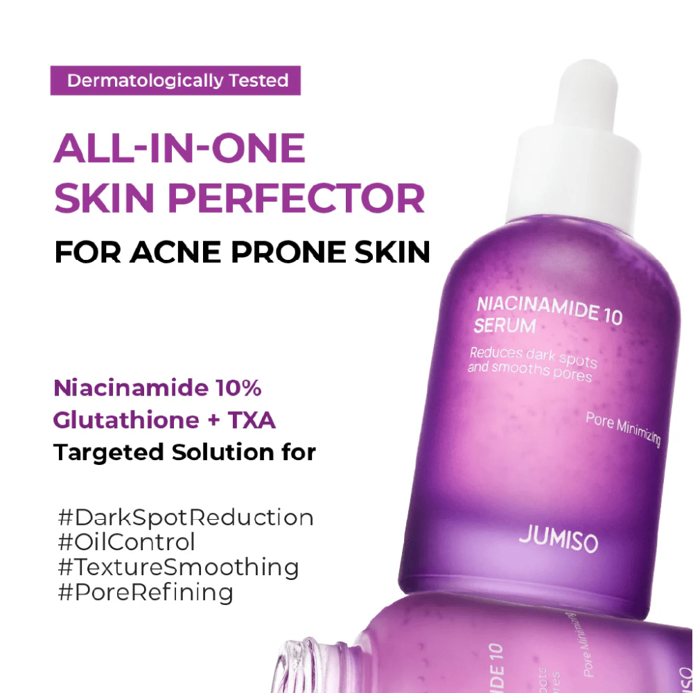 Jumiso Niacinamide 10 Serum – serum wszystko-w-jednym dla skóry skłonnej do trądziku z 10% niacynamidu, glutationem i TXA, które zmniejsza ciemne plamy i pory.