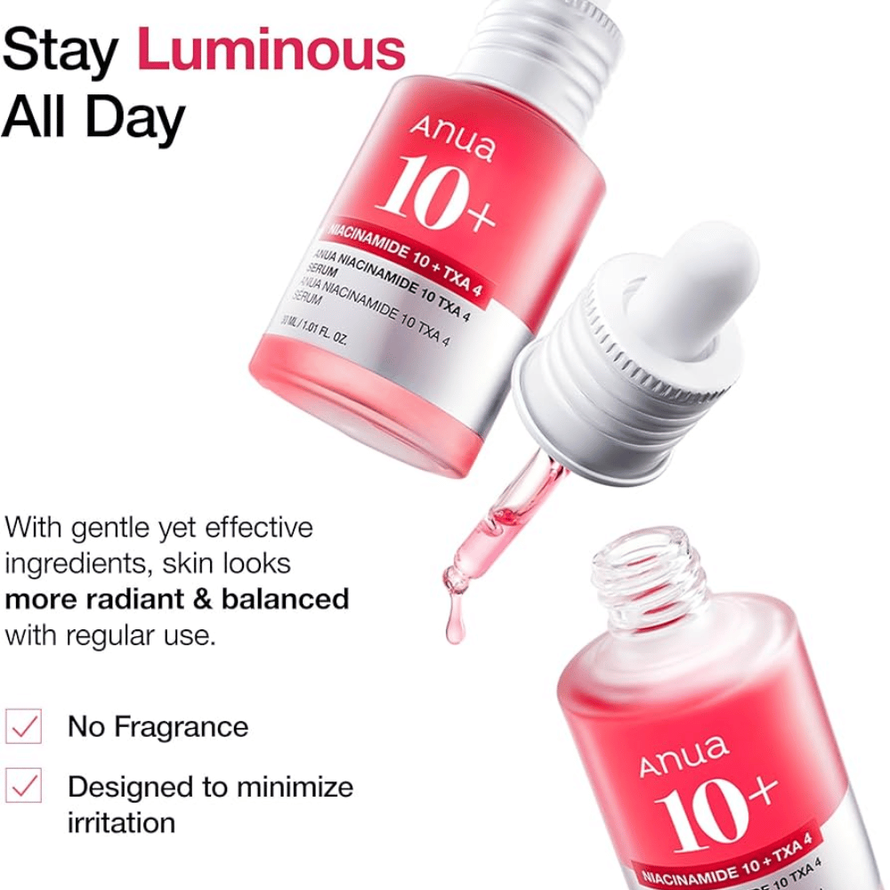 Wysoce skuteczne serum z 10% niacynamidem i 4% kwasem traneksamowym dla bardziej jednolitego, promiennego kolorytu skóry. Bezzapachowa formuła, która minimalizuje podrażnienia i równoważy skórę.