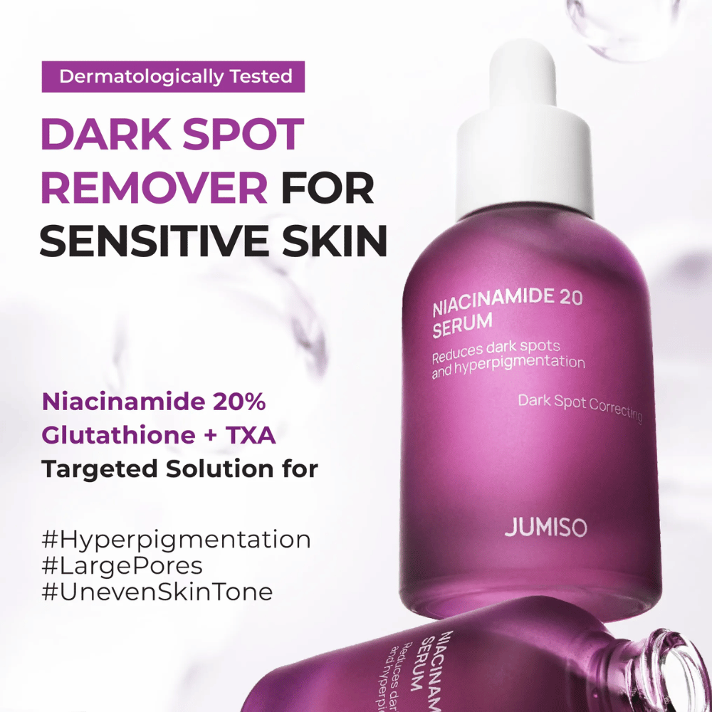 Jumiso Niacinamide 20 Serum – silne serum z 20% niacynamidem, glutationem i TXA, które redukuje ciemne plamy i hiperpigmentację, również dla skóry wrażliwej.
