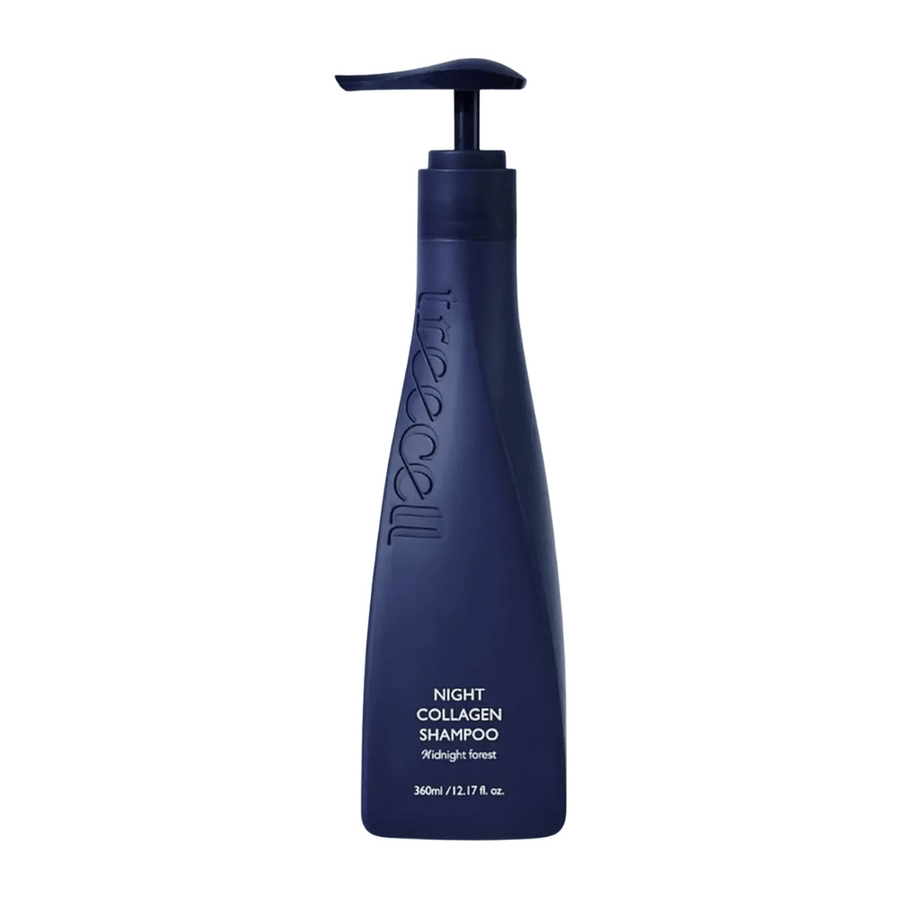 Stylowe wyizolowane zdjęcie produktu Treecell Night Collagen Shampoo Midnight Forest na jasnym tle, z naciskiem na minimalistyczny design i premium charakter.