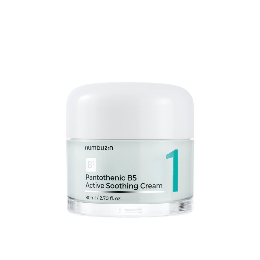 Numbuzin No.1 Pantothenic B5 Active Soothing Cream 80 ml w jasnozielonym słoiku z białą pokrywką i wyraźną cyfrą 1 wydrukowaną z przodu.