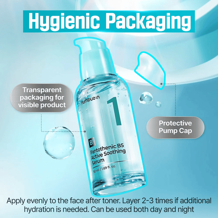 numbuzin No.1 Pantothenic B5 Active Soothing Serum 50 ml – łagodzące serum B5 z higieniczną pompką i przezroczystą butelką dla skóry skłonnej do trądziku