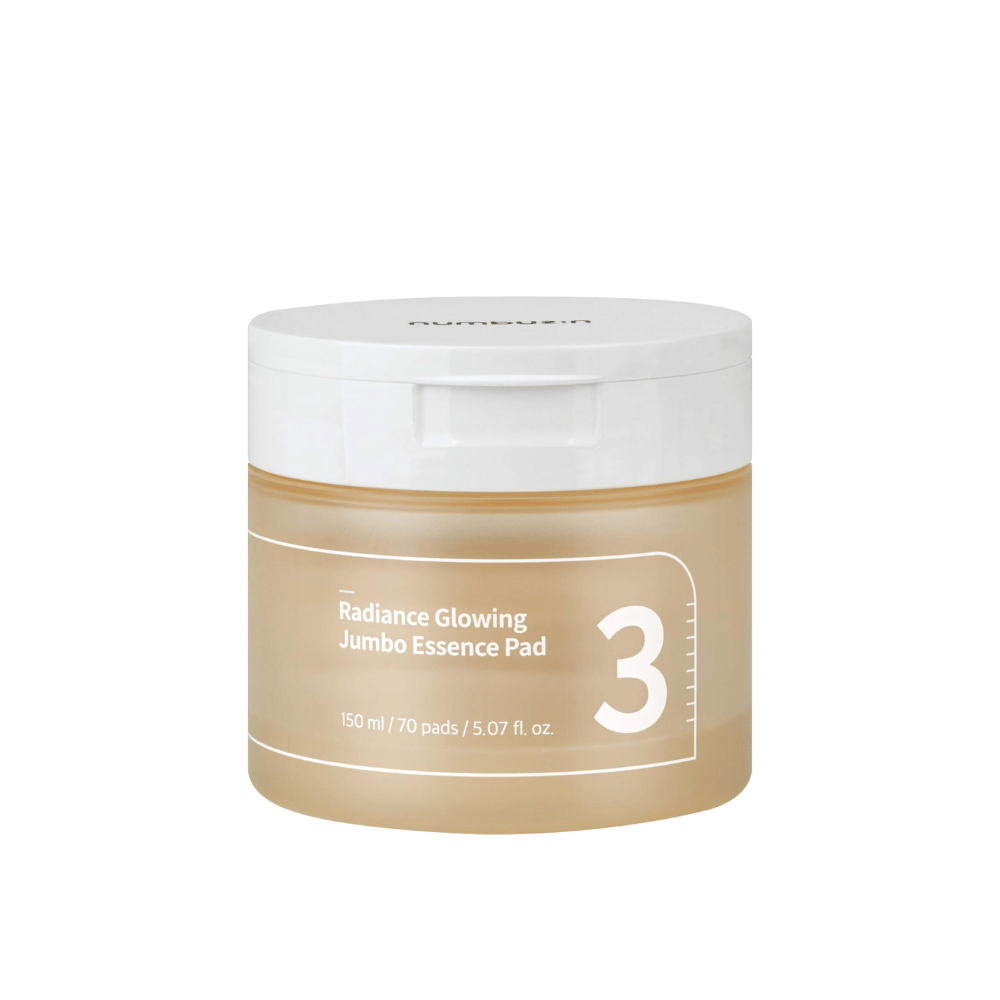 Zdjęcie produktu zamkniętego słoika z numbuzin No. 3 Radiance Glowing Jumbo Essence Pad, 150 ml / 70 padów.
