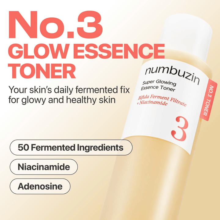 Numbuzin No.3 Glow Essence Toner – codzienna fermentowana esencja dla zdrowej, nawilżonej i promiennej skóry.