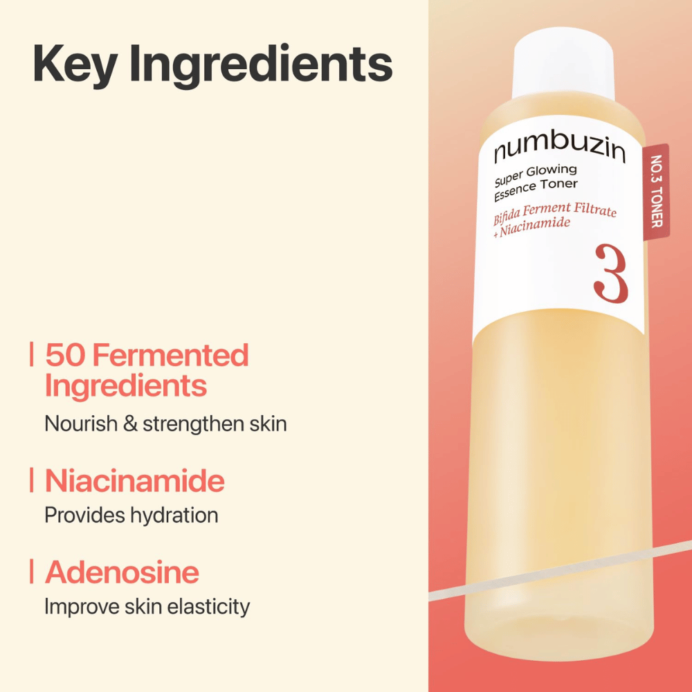Numbuzin No.3 Toner zawiera 50 fermentowanych składników, niacynamid i adeninę, które wzmacniają i nawilżają skórę.