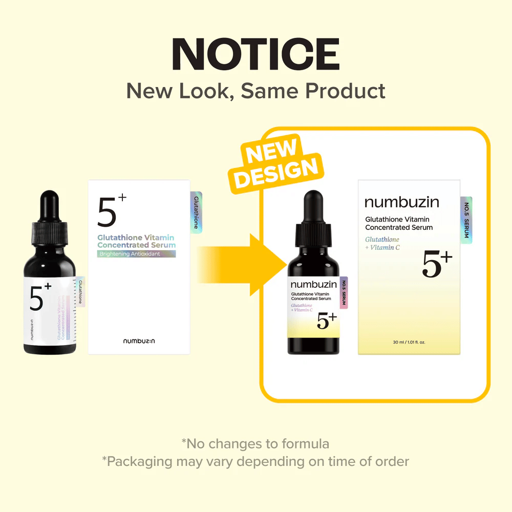 numbuzin No.5+ Glutathione Vitamin Concentrated Serum w nowym opakowaniu – ta sama formuła dla blasku i bardziej wyrównanego kolorytu skóry.