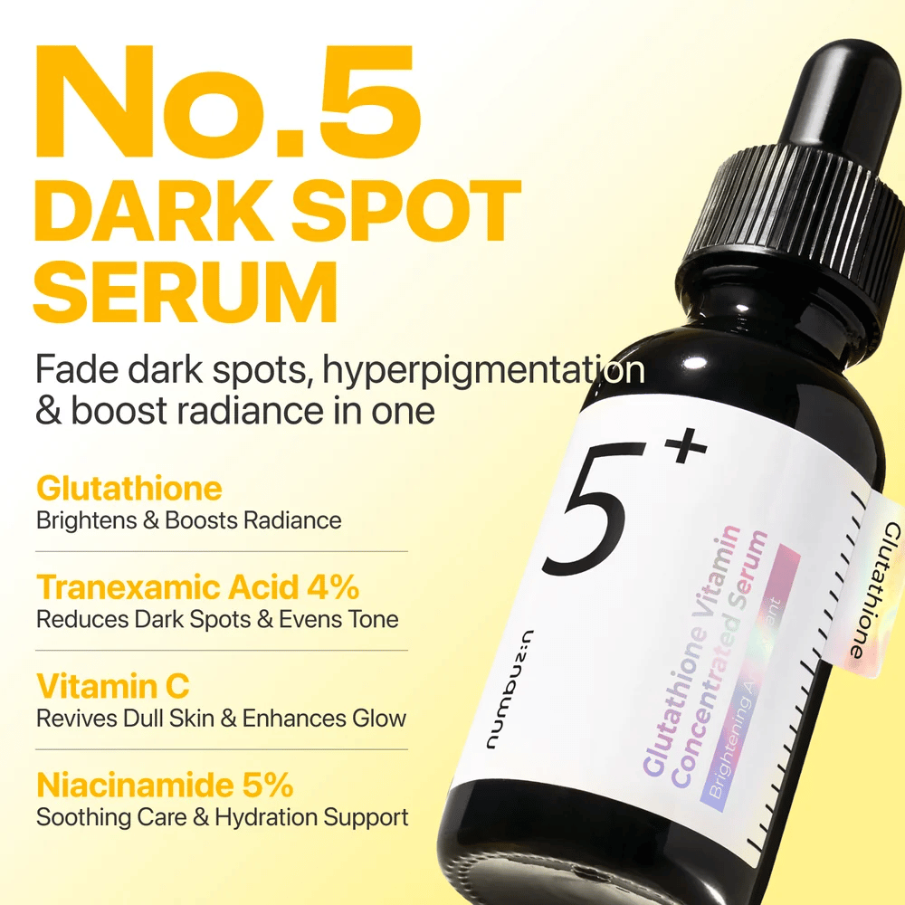 numbuzin No.5+ Glutathione Vitamin Concentrated Serum – rozświetlające serum z glutationem, kwasem traneksamowym, witaminą C i 5% niacynamidu.