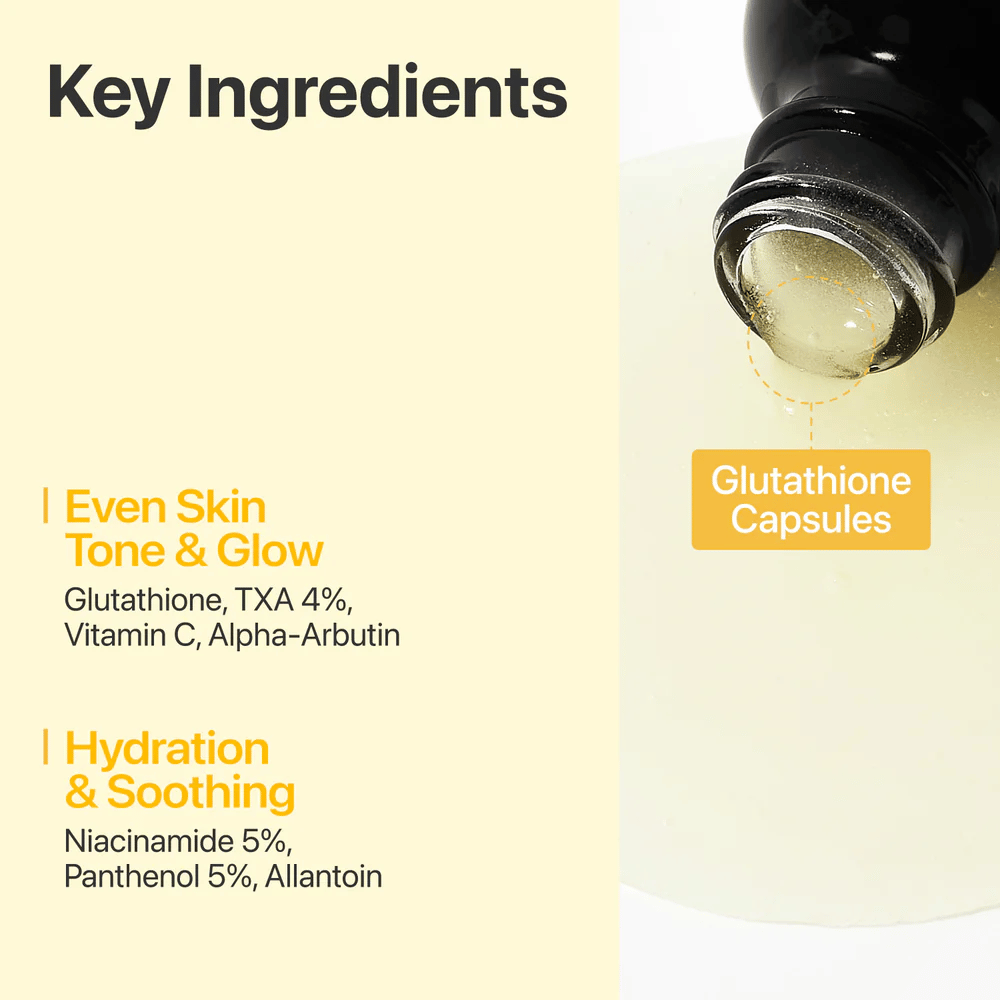 numbuzin No.5+ Glutathione Vitamin Concentrated Serum z glutationem, 4% kwasem traneksamowym, witaminą C, alfa-arbutyną, niacynamidem i pantenolem.