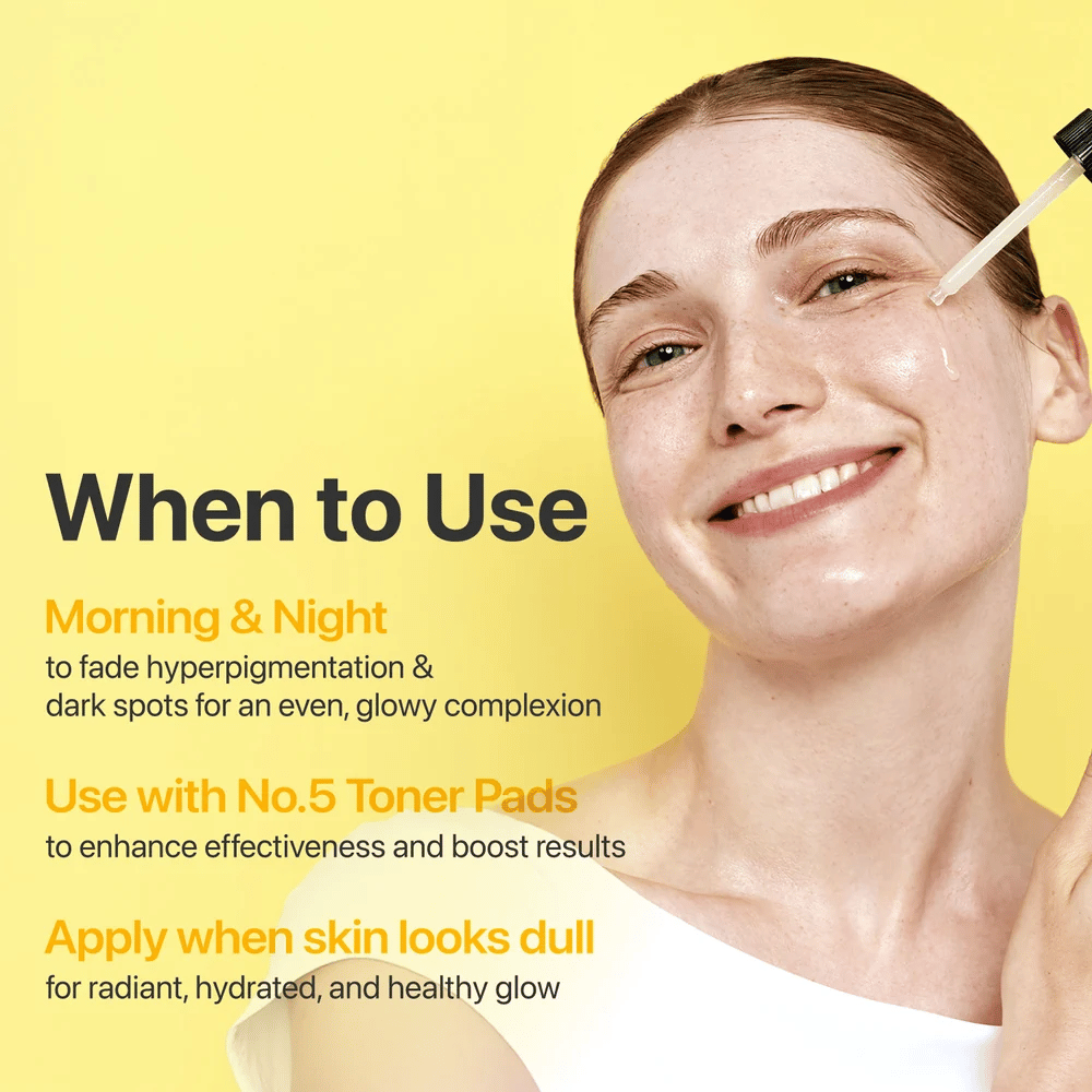 numbuzin No.5+ Glutathione Vitamin Concentrated Serum – serum na rano i wieczór, które pomaga zwalczać hiperpigmentację, ciemne plamy i poszarzałą skórę.