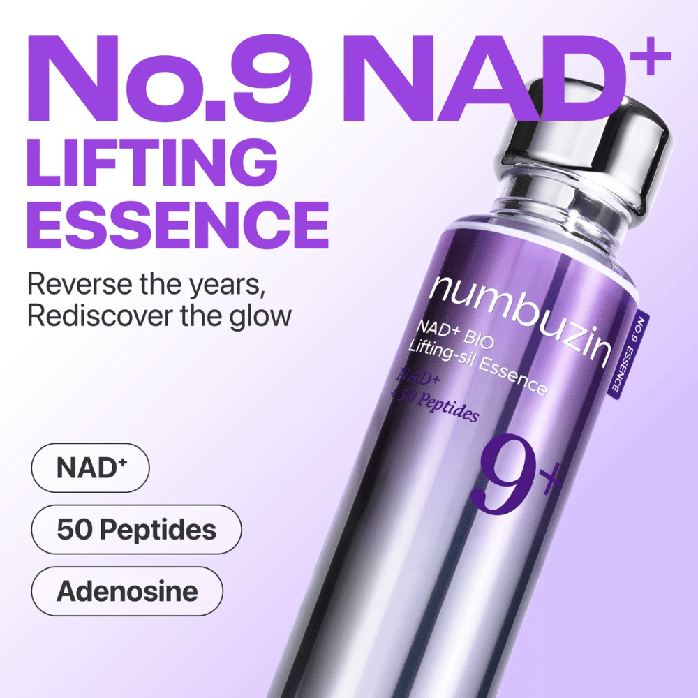 Numbuzin No.9 NAD+ Lifting Essence – potężna esencja z NAD+, peptydami i adenozyną, która przywraca blask i jędrność skóry.