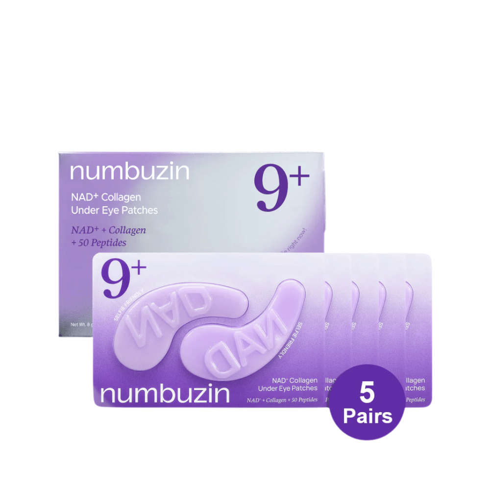 Opakowanie numbuzen No.9 NAD+ Collagen Under Eye Patches – 5 par bogatych w kolagen płatków z NAD+ i peptydami.