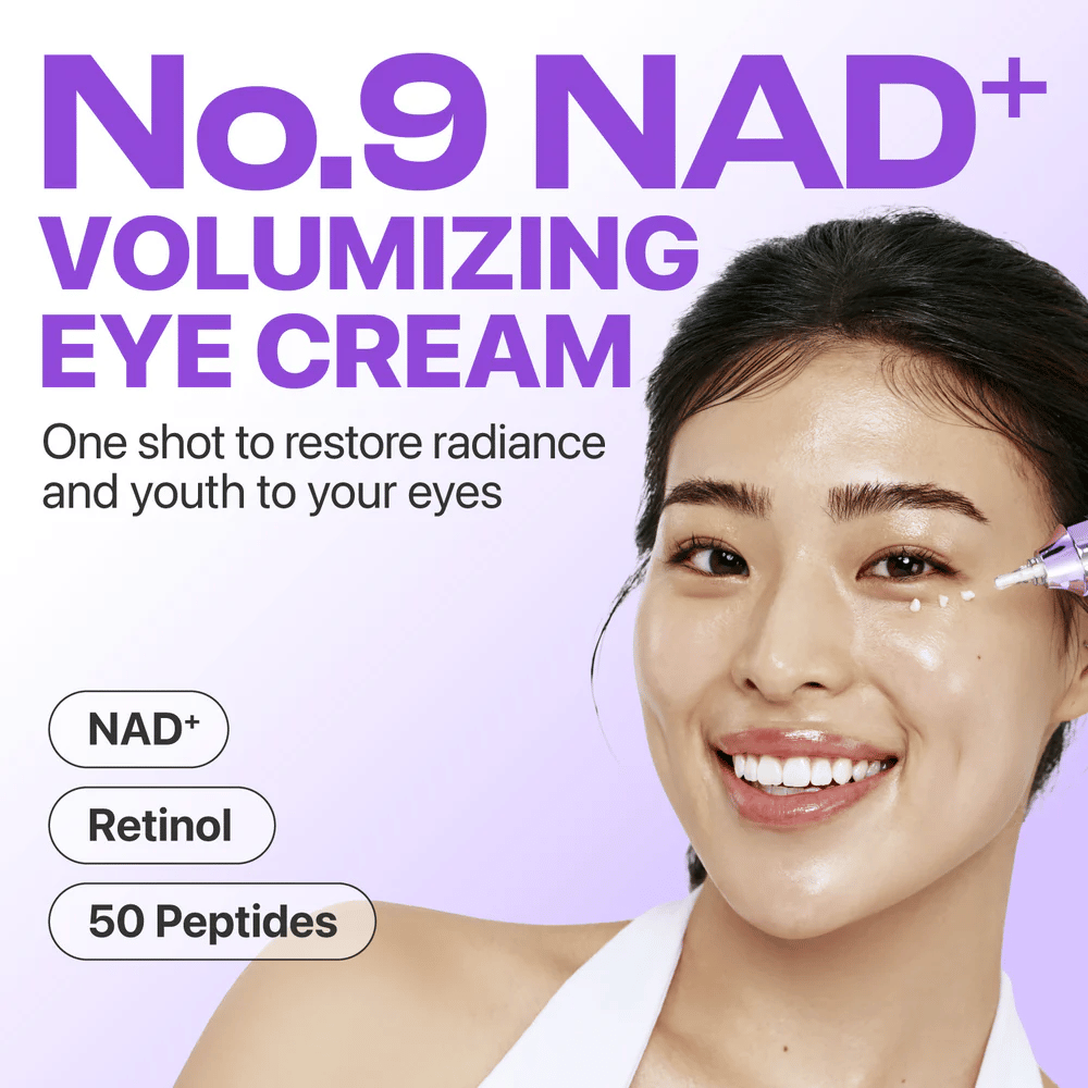 No.9 NAD+ Retinol Volumetox Eye Cream przedstawiony jako krem pod oczy zwiększający objętość, który przywraca blask i młodzieńczy wygląd wokół oczu.