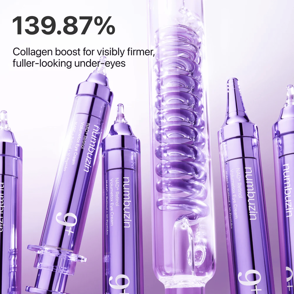 Ilustracja pokazująca wzrost kolagenu od No.9 NAD+ Retinol Volumetox Eye Cream, opracowana dla jędrniejszej i pełniejszej skóry pod oczami z widocznymi rezultatami.