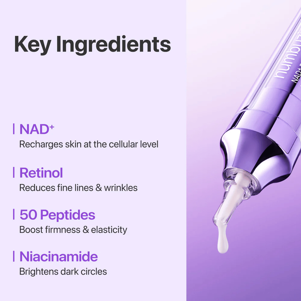 Kluczowe składniki w No.9 NAD+ Retinol Volumetox Eye Cream, z NAD+, retinolem, 50 peptydami i niacynamidem, które pomagają wzmocnić skórę i zmniejszyć drobne linie.